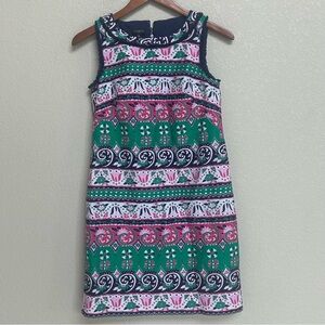 Talbots Petites Sleeveless Shift Dress Size 2P Pink Green Navy Geometric Print